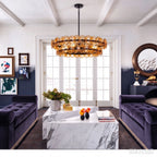 Modern Antique Brass Amber Disc Chandelier in Formal Living Room