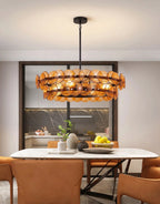 Modern Amber Round Disc Art Glass Chandelier in Cozy Dining Space