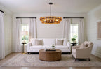 Modern Antique Brass Amber Disc Chandelier in Contemporary Living Room