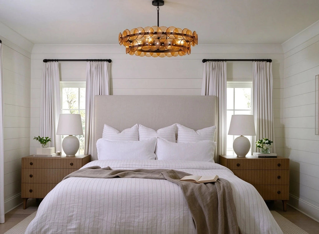 Modern Amber Round Disc Art Glass Chandelier in Master Bedroom Setting