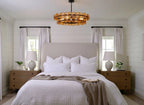 Modern Amber Round Disc Art Glass Chandelier in Master Bedroom Setting