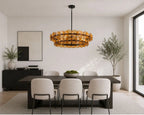 Modern Antique Brass Amber Disc Chandelier in Elegant Dining Setting