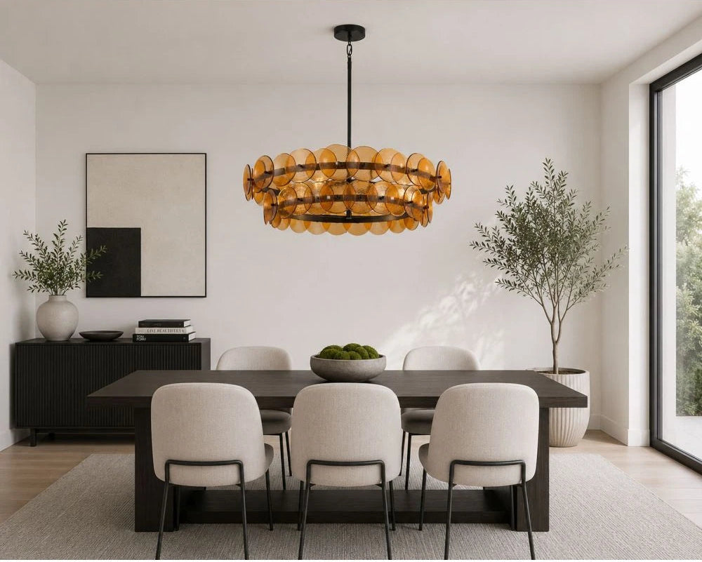 Modern Antique Brass Amber Disc Chandelier in Elegant Dining Setting