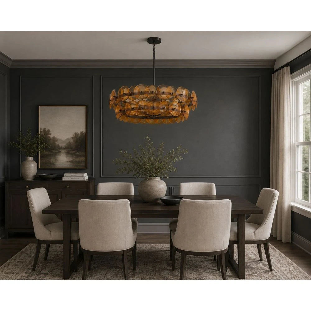 Modern Amber Round Disc Art Glass Chandelier in Vintage Dining Room