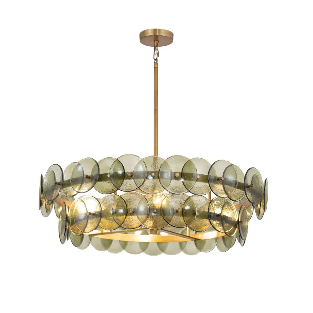 Illuminated Modern Green and Antique Brass Round Disc Chandelier Studio Shot