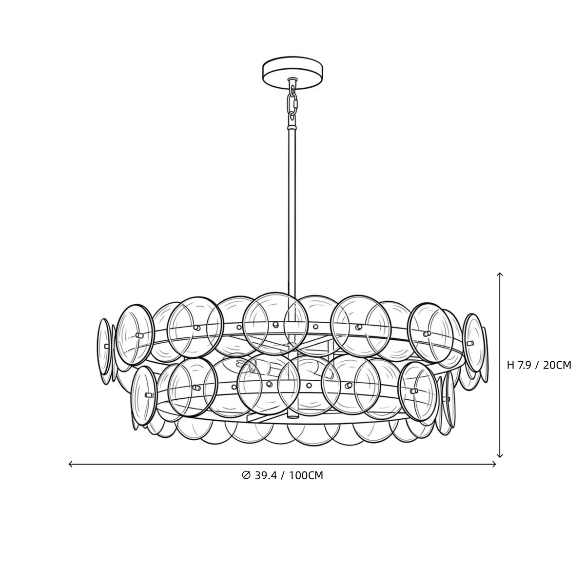 Modern Amber Round Disc Art Glass Semi-Flush Mount Chandelier Line Art Dimension Diagram
