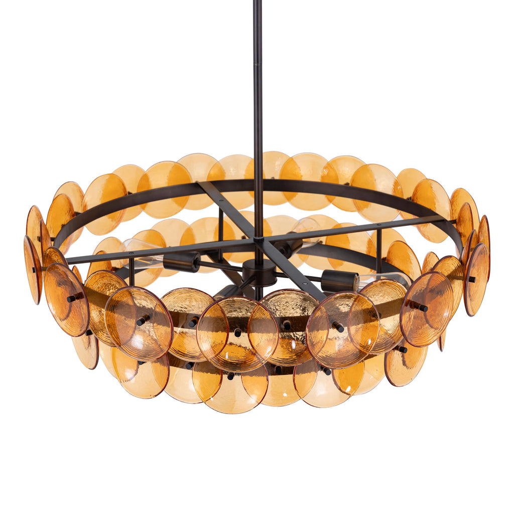 Upward View of Illuminated Modern Amber Round Disc Chandelier Studio Display