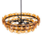 Upward View of Illuminated Modern Amber Round Disc Chandelier Studio Display