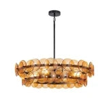 Illuminated Modern Amber and Black Round Disc Chandelier Studio Shot