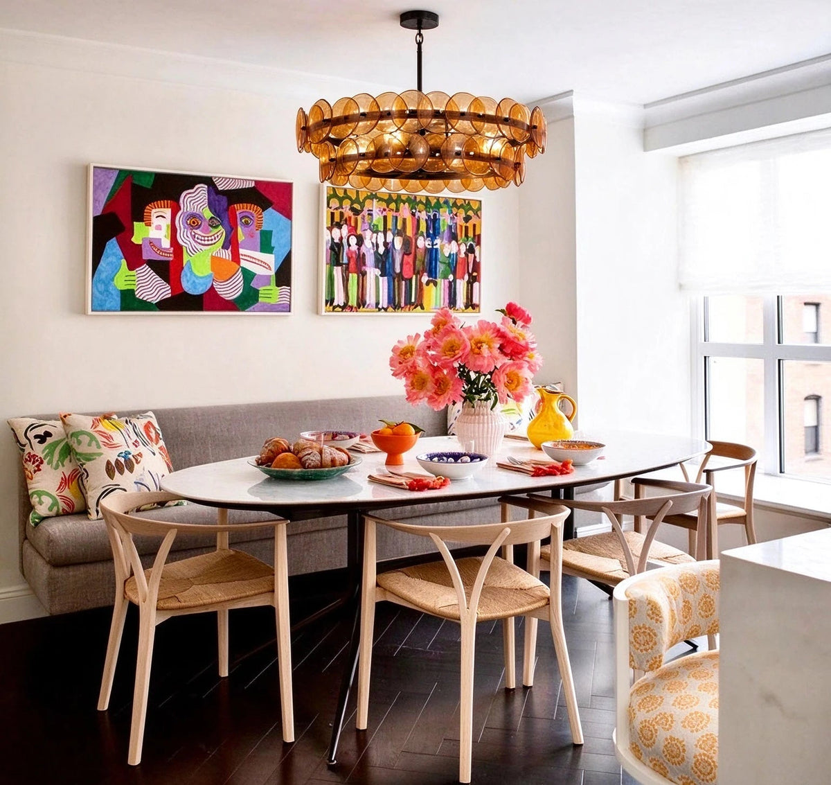 Modern Antique Brass Amber Disc Chandelier Over Dining Nook