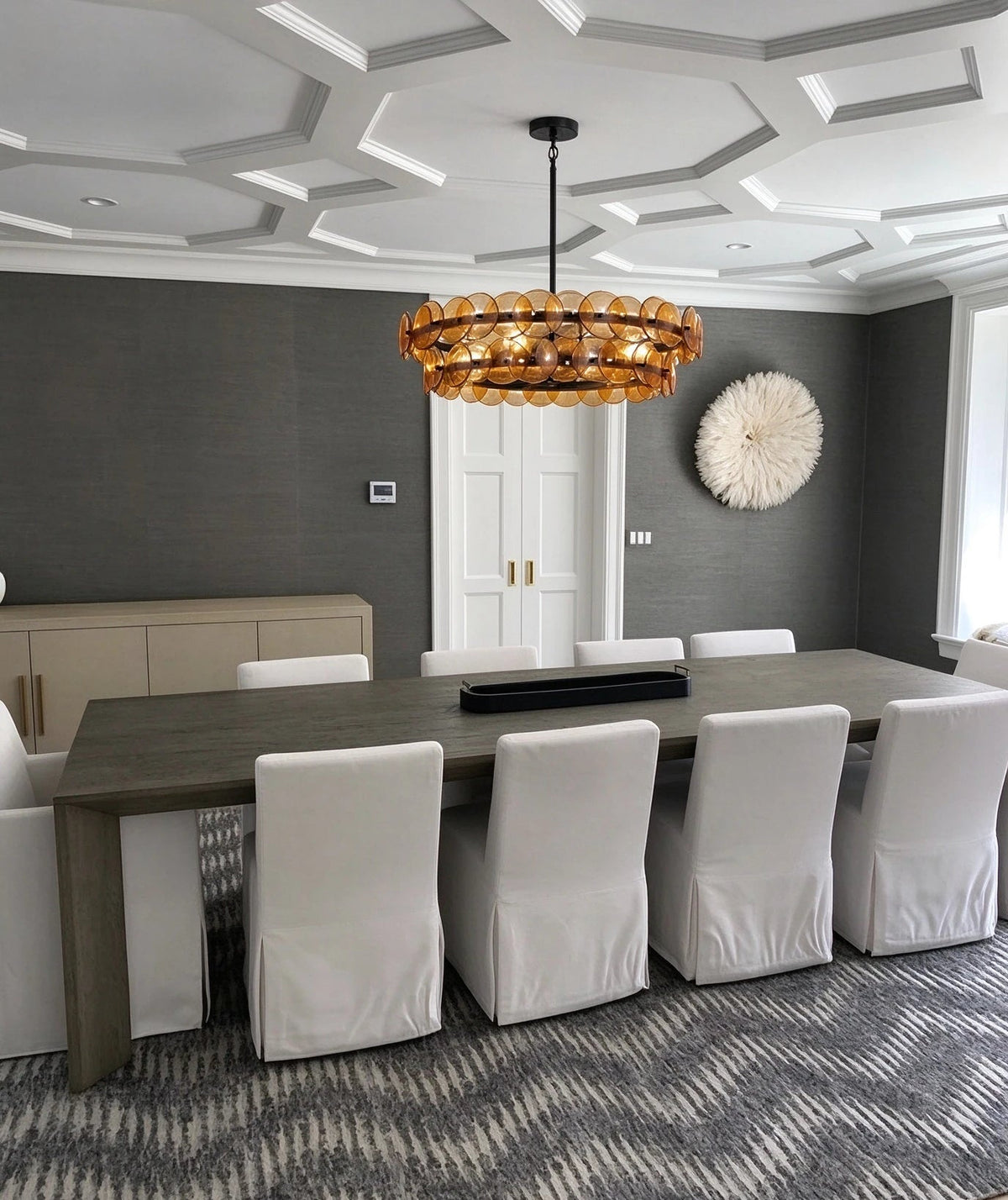 Modern Antique Brass Amber Disc Chandelier in Luxury Dining Area
