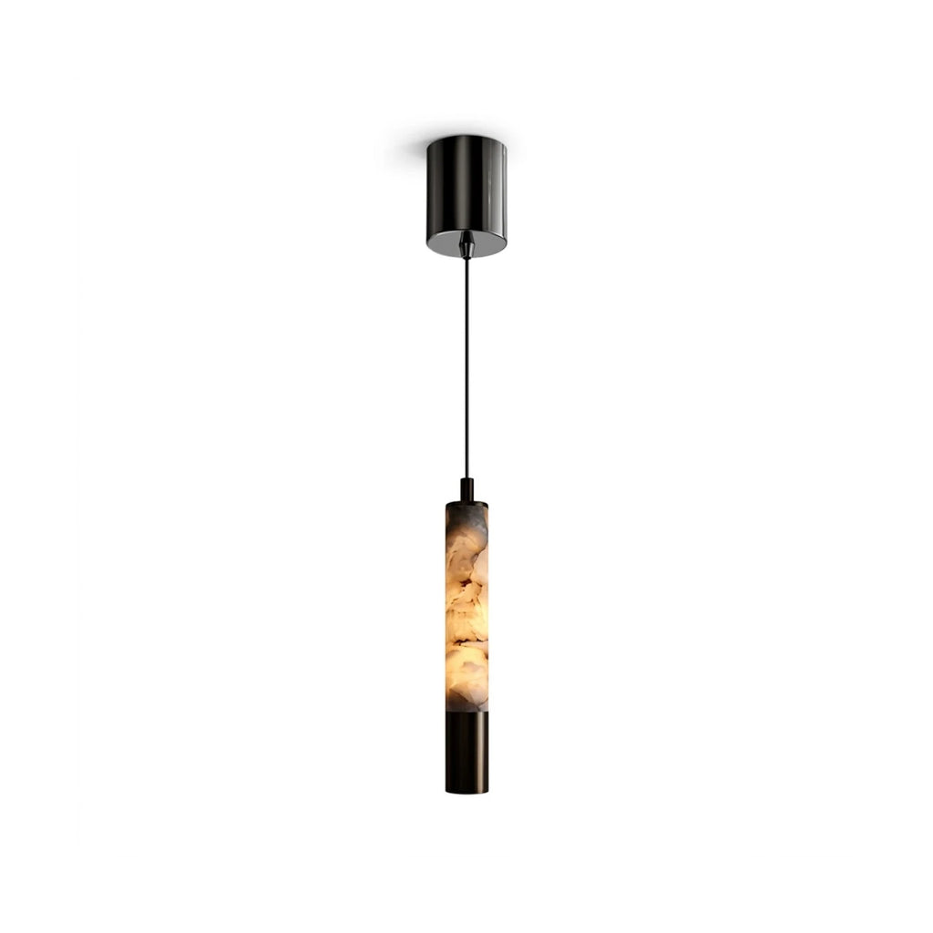 Modern Cylindrical Alabaster Art Glass Pendant Light with Black Canopy on Pure White Background