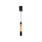 Modern Cylindrical Alabaster Art Glass Pendant Light with Black Canopy on Pure White Background