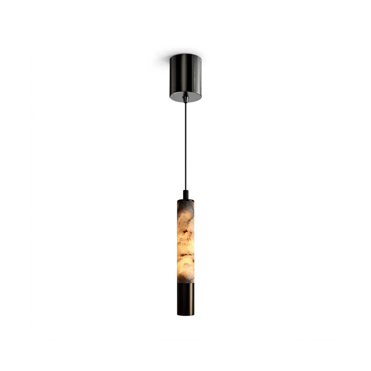 Modern Cylindrical Alabaster Art Glass Pendant Light with Black Canopy on Pure White Background