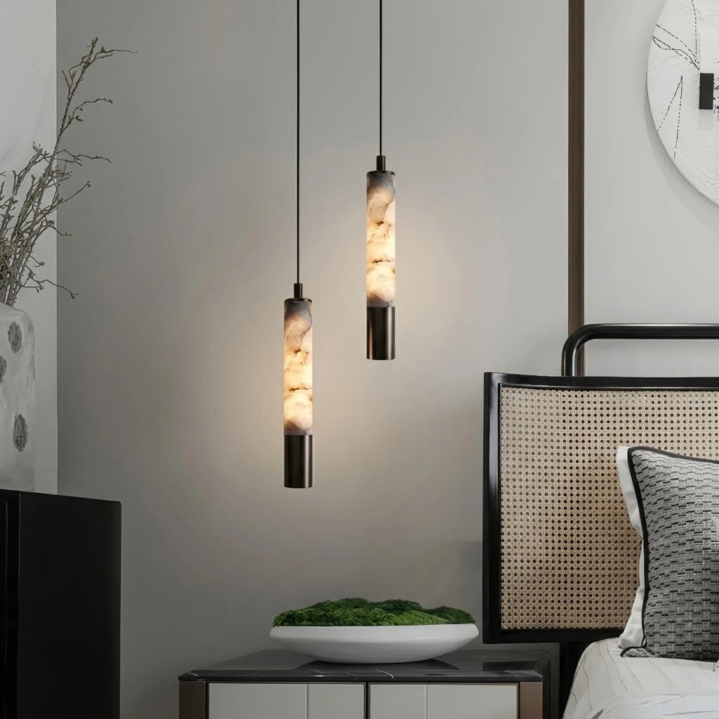 Modern Cylindrical Alabaster Pendant Light in Bedroom Setting