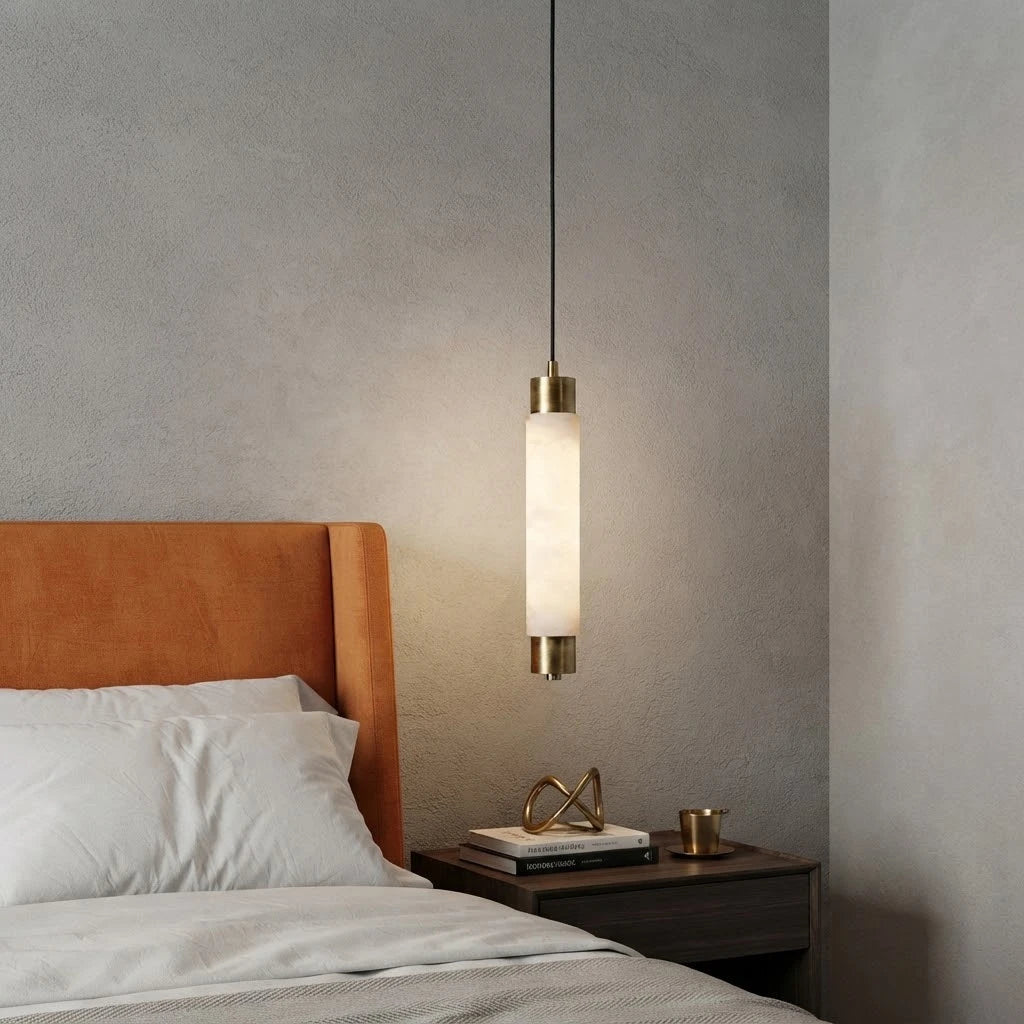 Modern Cylindrical Alabaster Pendant Light Over Bedroom Nightstand