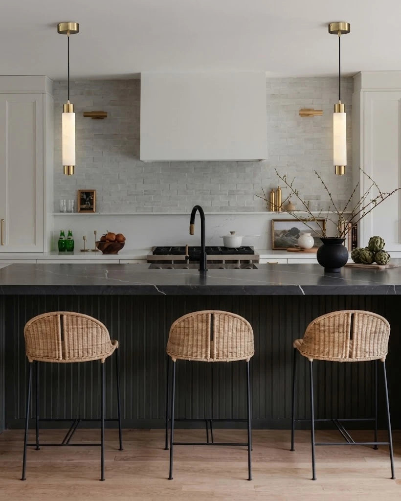 Modern Multi-Tier Alabaster Pendant Lights Over Kitchen Island