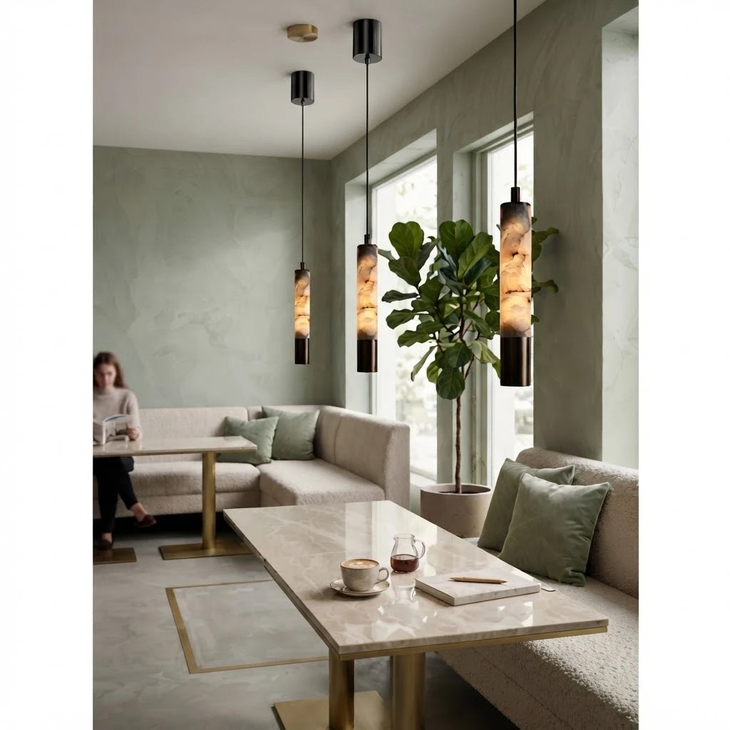 Modern Cylindrical Alabaster Pendant Light in Dining Room