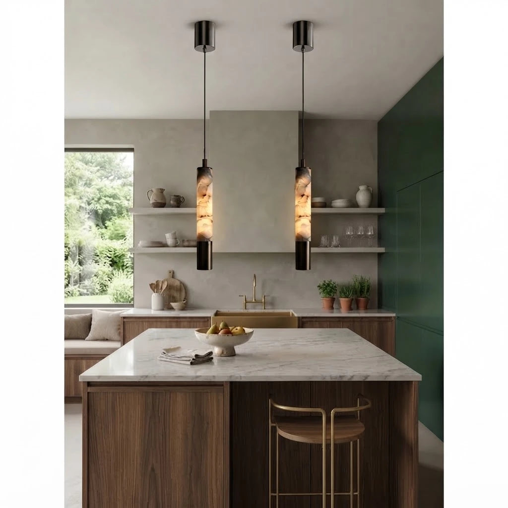 Modern Cylindrical Alabaster Pendant Light Over Wood Kitchen Island