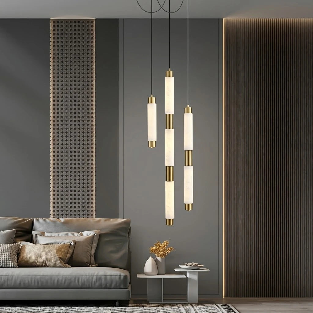 Modern Cascading Cylindrical Alabaster Chandelier in Living Room