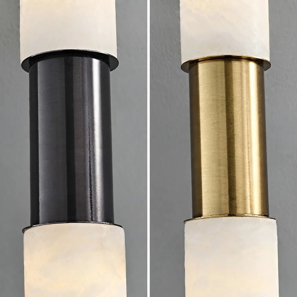Close Up View of Black and Brass Metal Connectors on Alabaster Pendant