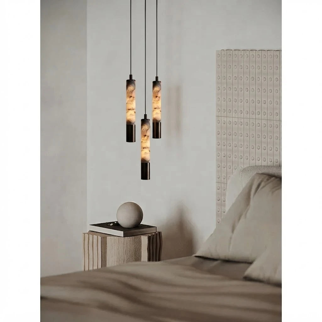 Modern Cylindrical Alabaster Pendant Light Over Bedroom Nightstand