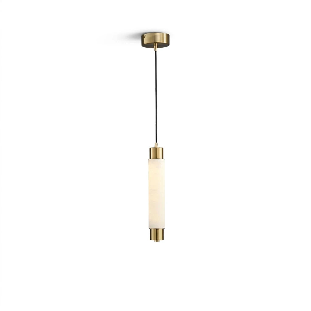Modern Cylindrical Alabaster Art Glass Pendant Light with Brass Canopy on Pure White Background