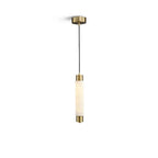 Modern Cylindrical Alabaster Art Glass Pendant Light with Brass Canopy on Pure White Background