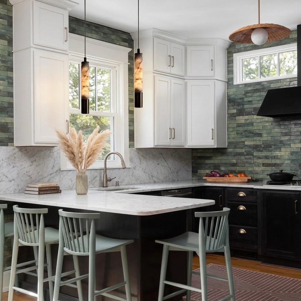 Modern Cylindrical Alabaster Pendant Light Over Kitchen Island
