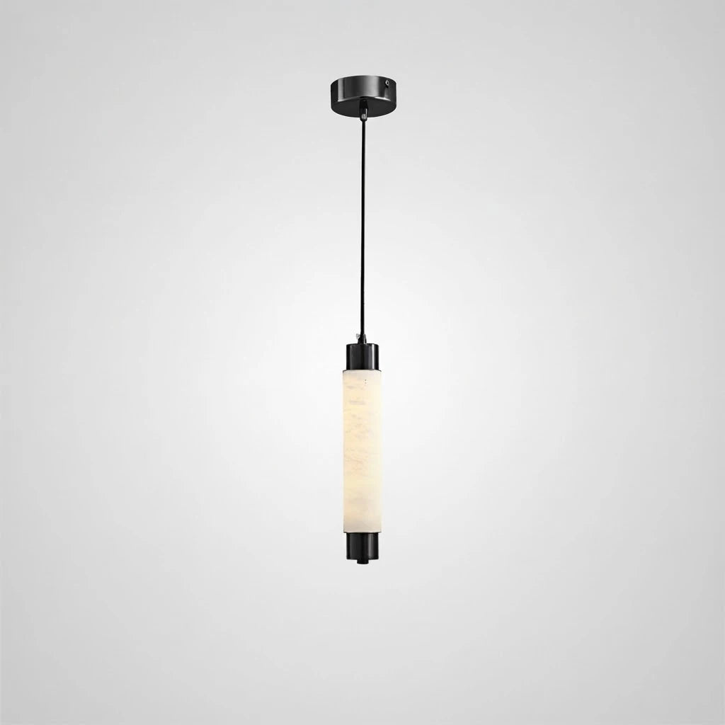 Illuminated Modern Cylindrical Alabaster Pendant Light with Black Canopy