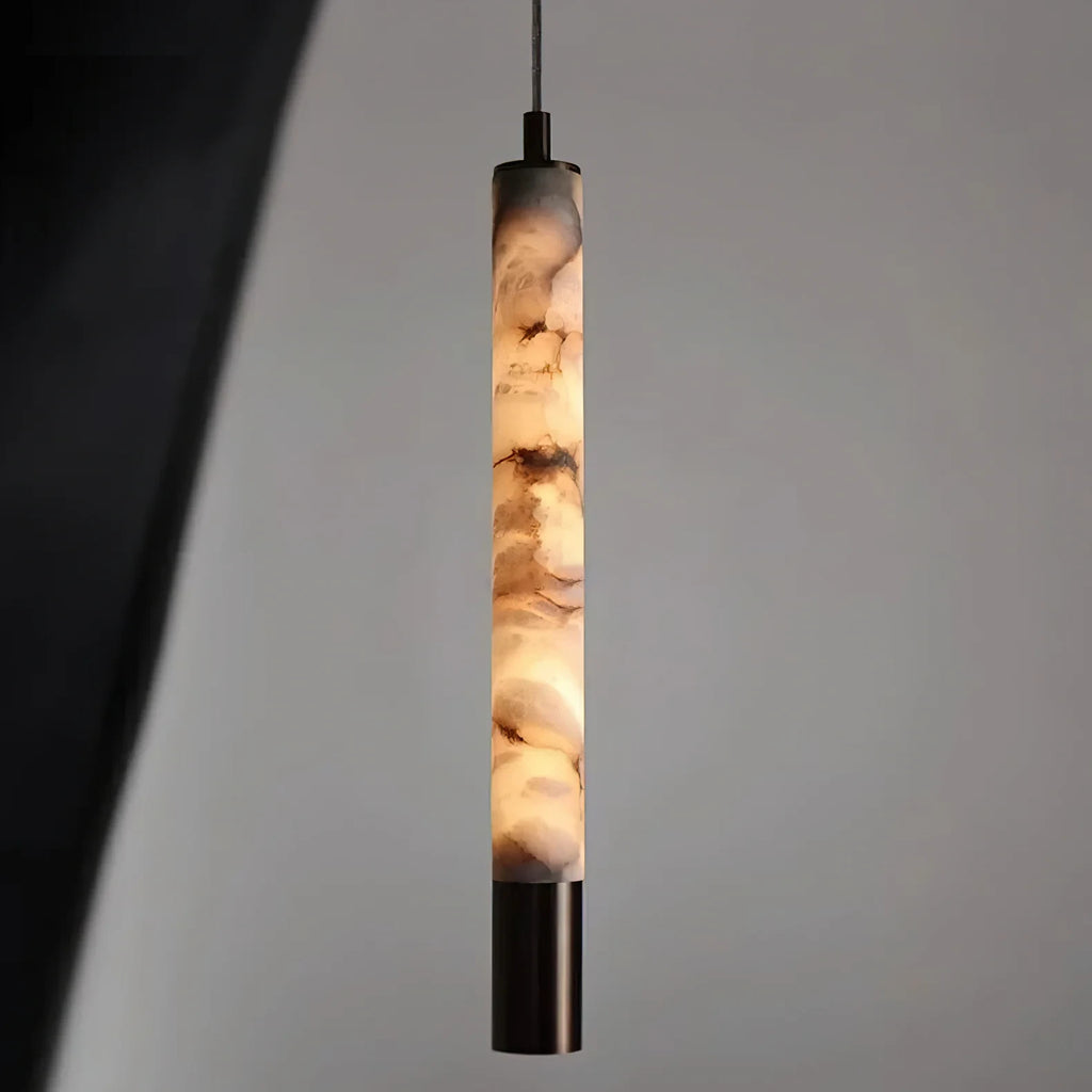 Illuminated Modern Cylindrical Alabaster Pendant Light Studio Shot