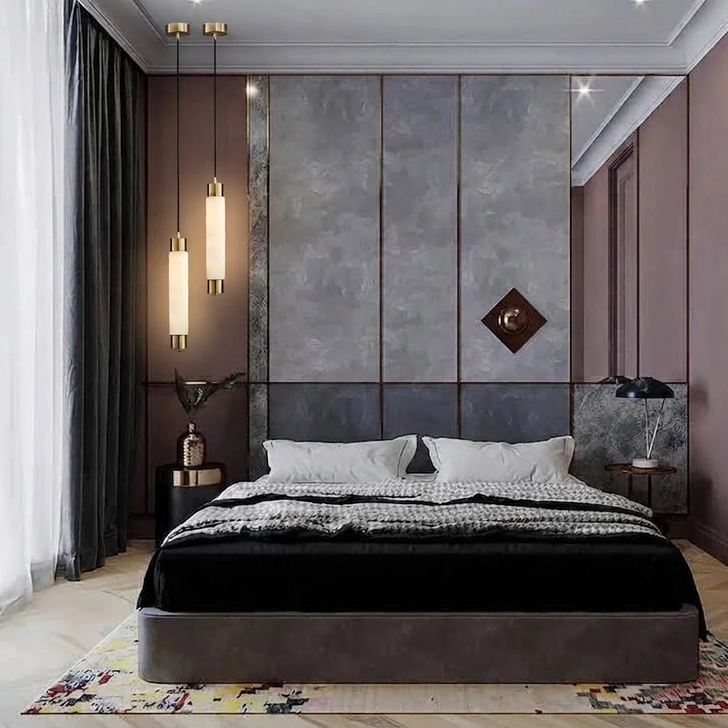 Modern Multi-Tier Alabaster Pendant Lights in Master Bedroom Interior