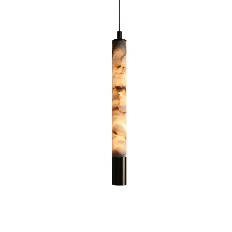 Illuminated Modern Cylindrical Alabaster Pendant Light with Black Hardware
