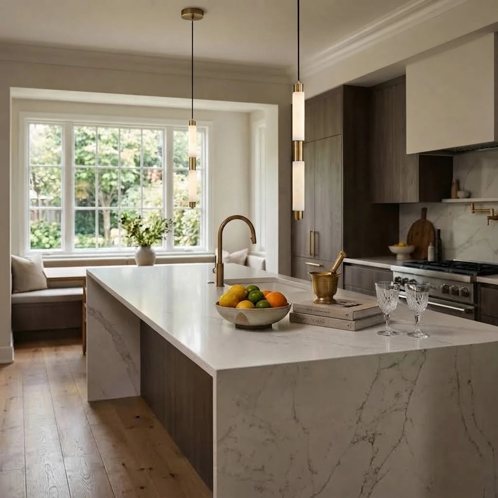Modern Cylindrical Alabaster Pendant Light in Contemporary Kitchen