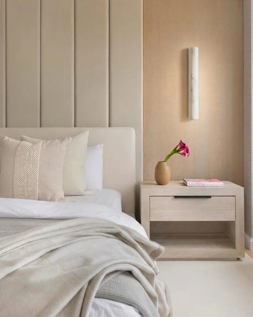 Modern Vertical Cylindrical Alabaster Wall Sconce in Master Bedroom