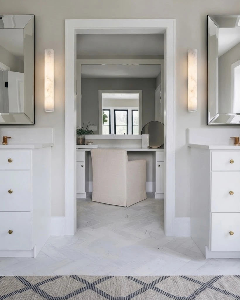 Modern Vertical Cylindrical Alabaster Wall Sconces in Hallway Foyer
