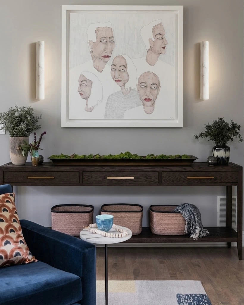 Modern Alabaster Art Glass Wall Sconces Over Living Room Sofa