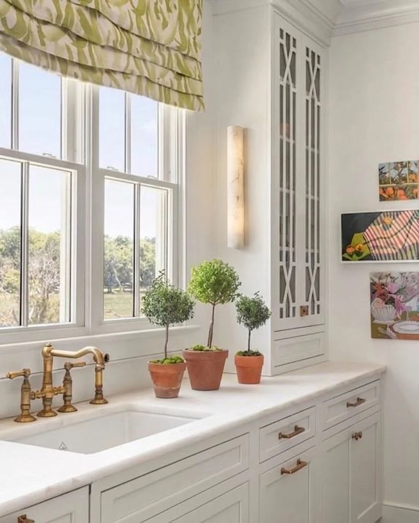 Modern Vertical Cylindrical Alabaster Wall Sconce in Kitchen Setting
