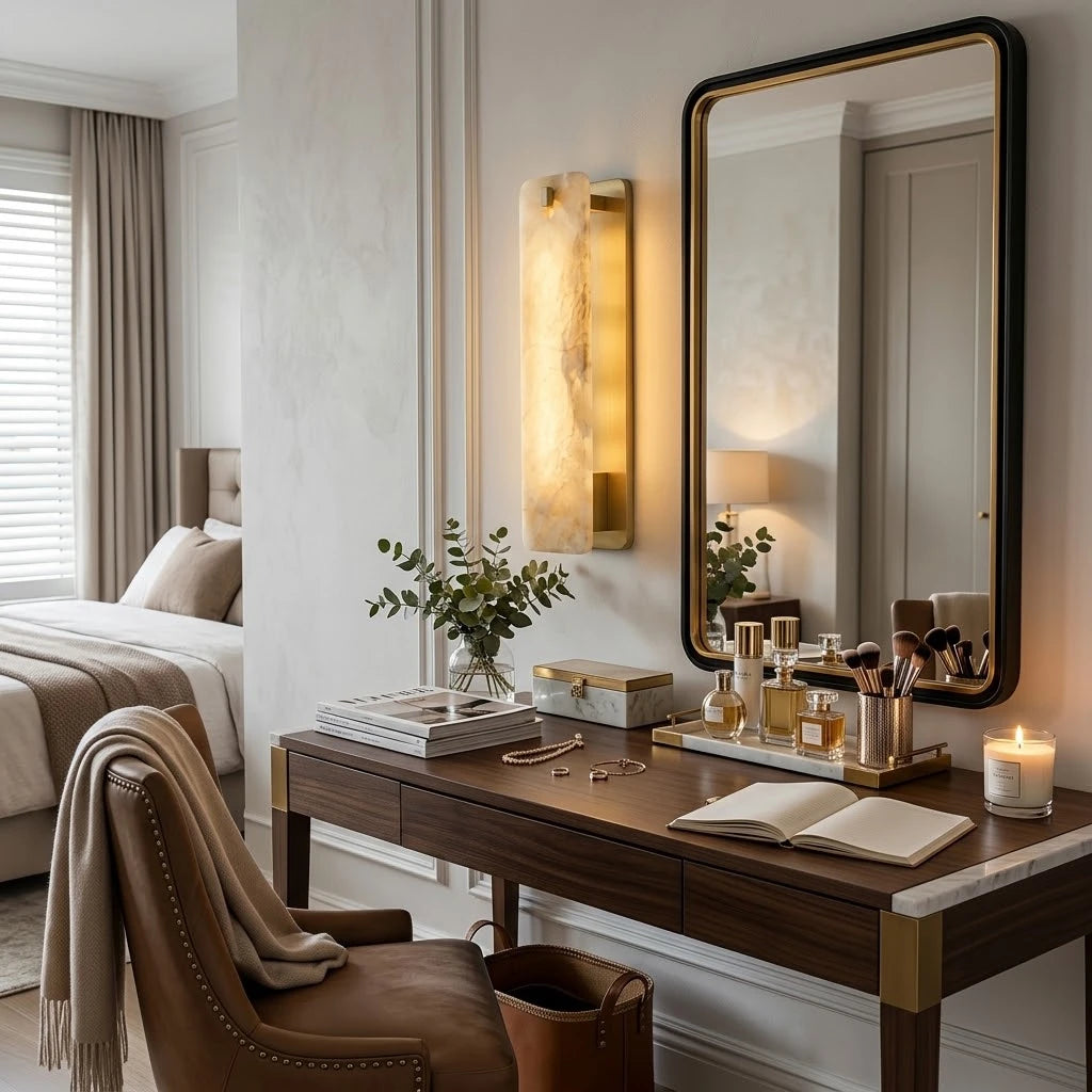 Modern Brass Side Stand Alabaster Wall Sconce in Master Bedroom Dressing Area