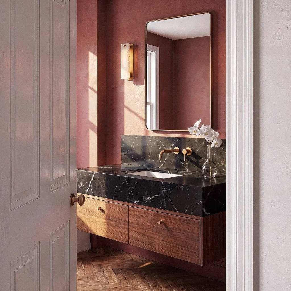Modern Brass Side Stand Alabaster Wall Sconce in Modern Bathroom Setting