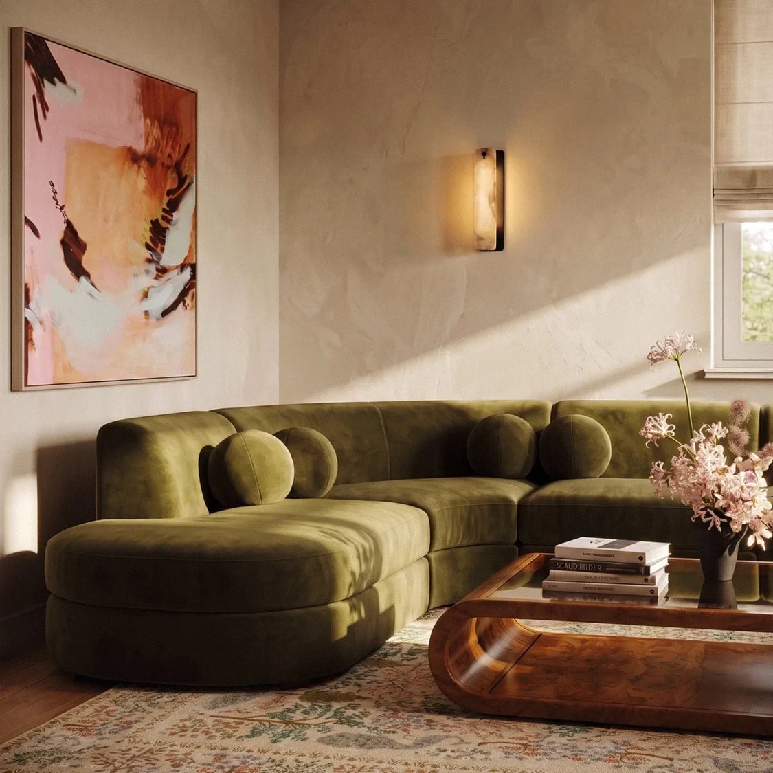 Modern Alabaster Flat Wall Sconce in Designer Living Area