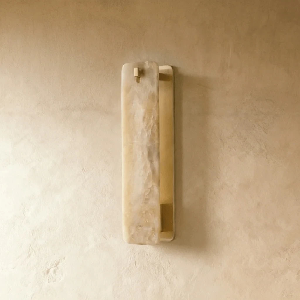 Modern Brass Side Stand Alabaster Wall Sconce Off State Studio Display on Pure White Background