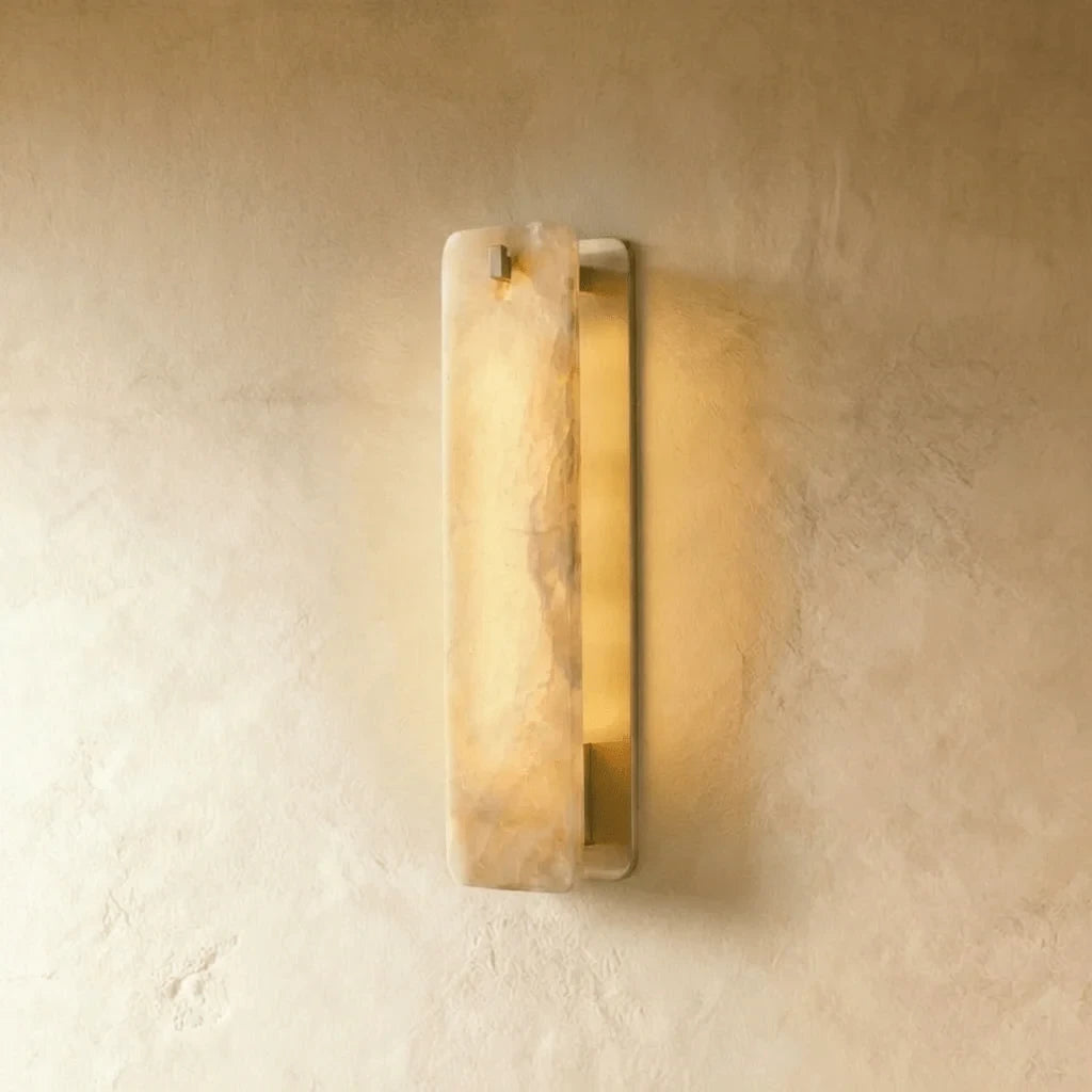 Illuminated Modern Brass Side Stand Alabaster Wall Sconce Studio Shot on White Background
