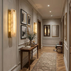 Modern Brass Side Stand Alabaster Wall Sconce in Elegant Hallway Corridor