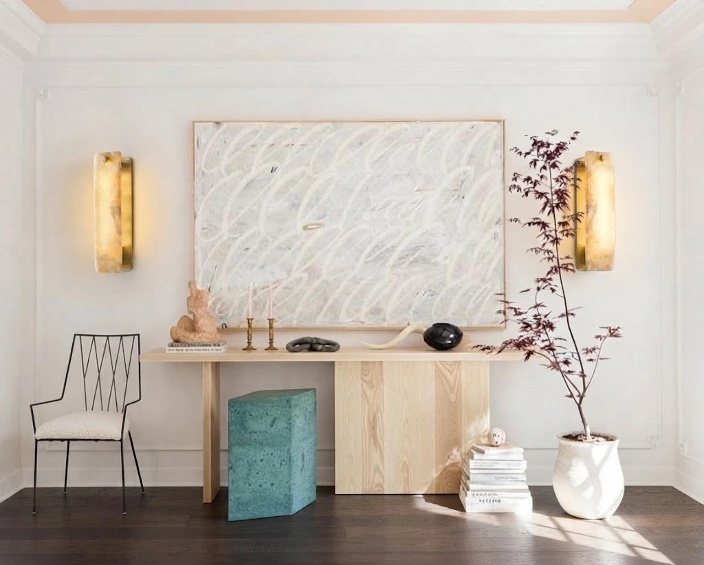 Modern Brass Side Stand Alabaster Wall Sconce in Designer Living Room