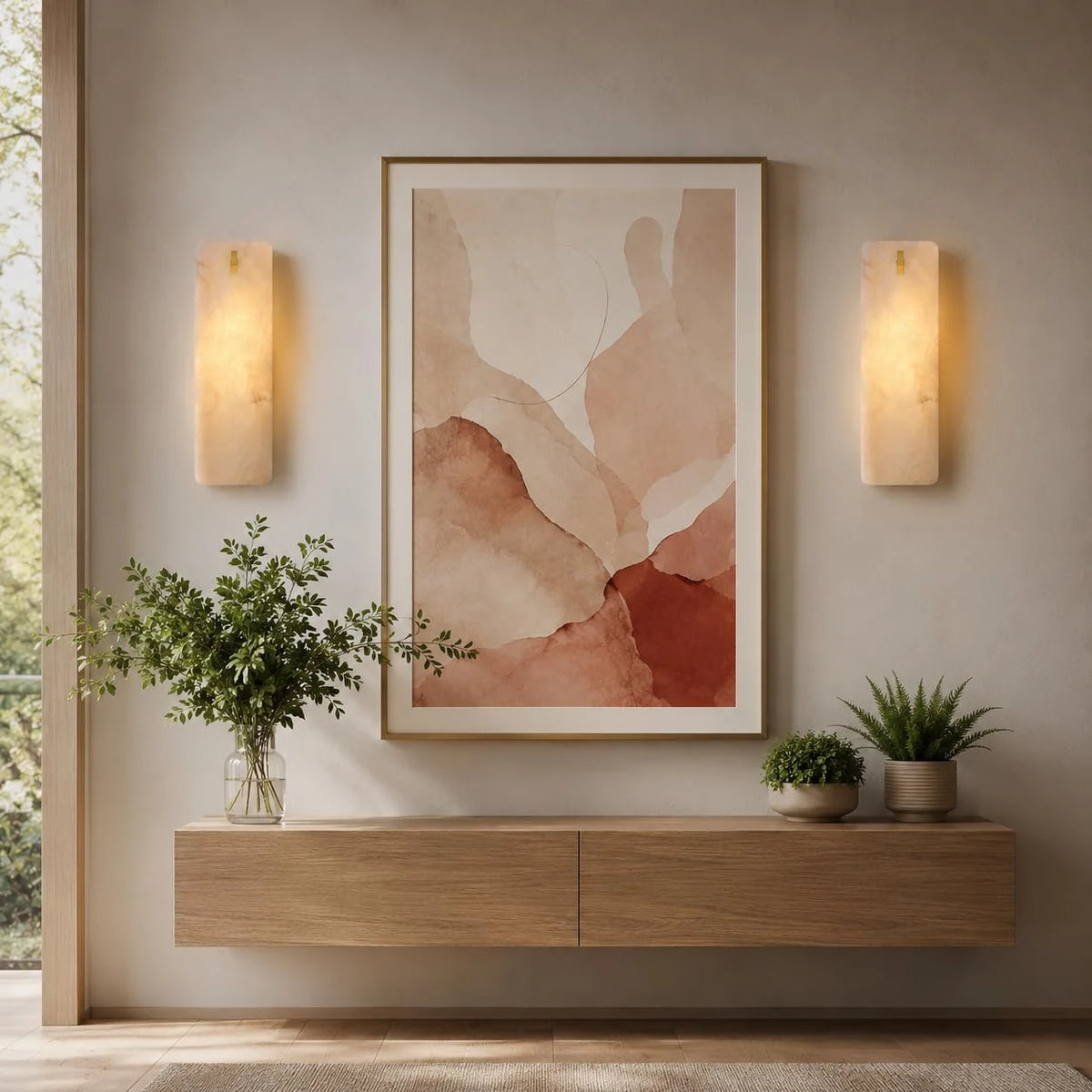 Modern Brass Side Stand Alabaster Wall Sconce in Contemporary Living Space