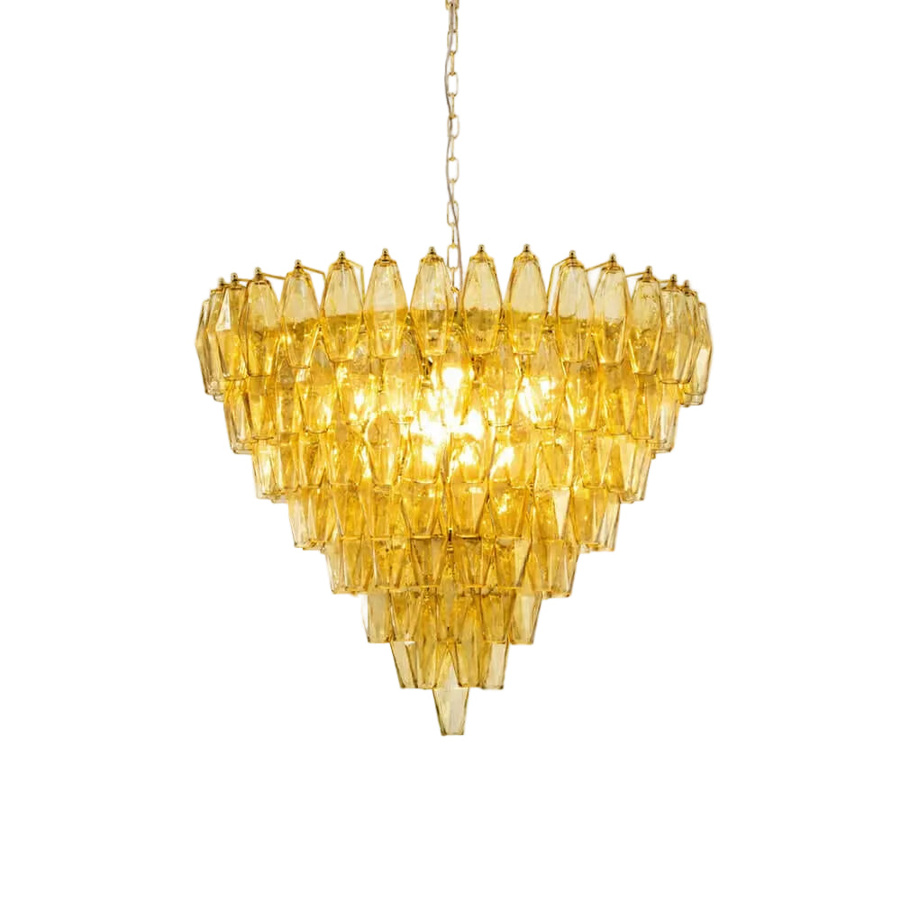 Modern Cascading Yellow Faceted Art Glass Chandelier with Chain on Pure White Background