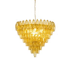 Modern Cascading Yellow Faceted Art Glass Chandelier with Chain on Pure White Background