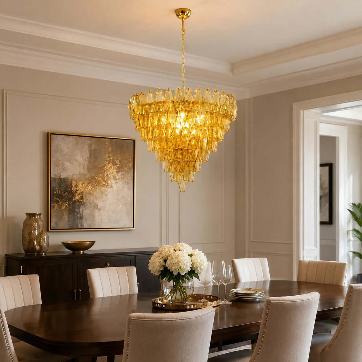 Modern Cascading Yellow Art Glass Chandelier Over Dining Room Table