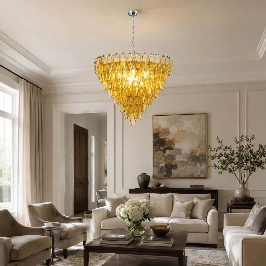Modern Cascading Yellow Faceted Art Glass Chandelier in Living Room Interior